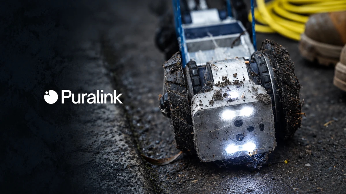 The Ferret on wet asphalt with its lights on and mud on its wheels, beside a coil of yellow tether, under the Puralink wordmark