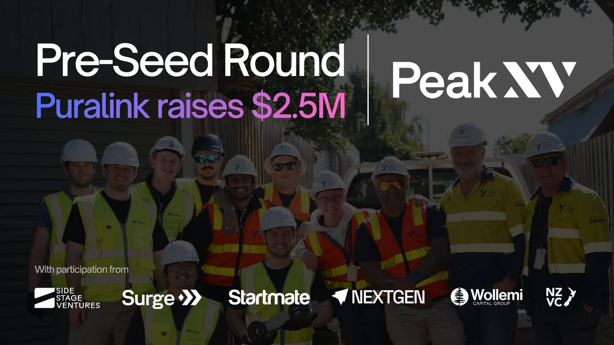 The Puralink team in hard hats and hi-vis under the words “Pre-Seed Round, Puralink raises $2.5M”, beside the Peak XV logo and a row of investor logos