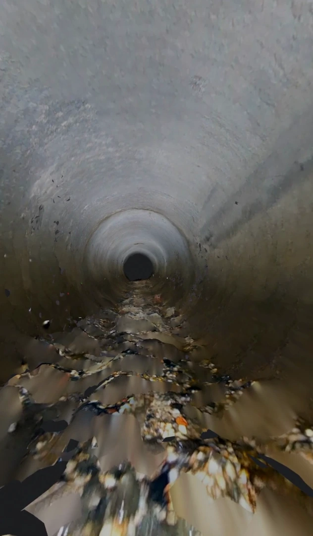 The 3D twin of a Melbourne trial pipe, seen whole from outside, then flown into and driven along — looping render